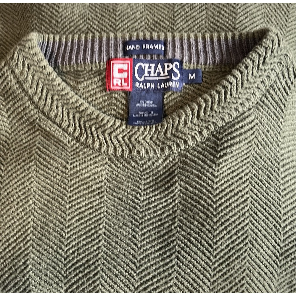 Vtg 90s Sz M Mens Chaps Ralph Lauren Sweater Herringbone Knit Green Chunky Heavy - Picture 9 of 11